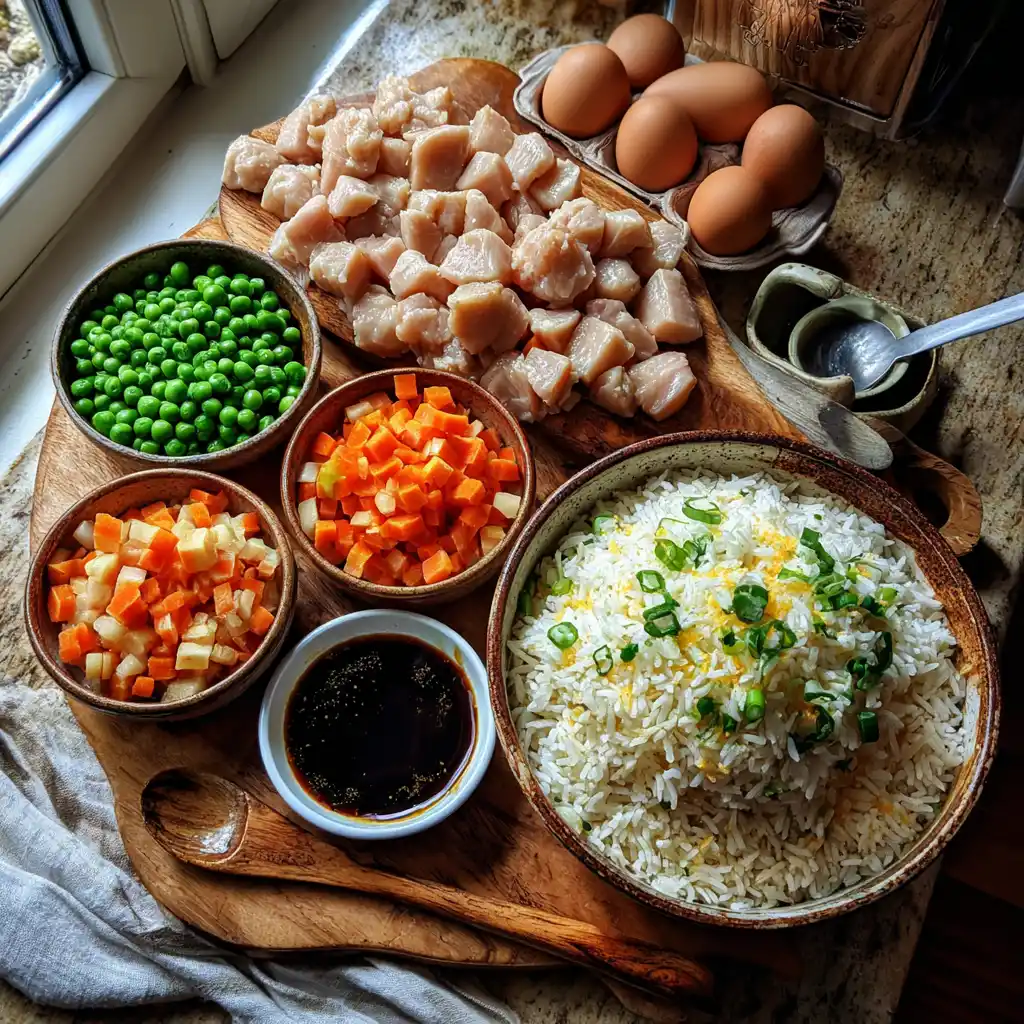 Ingrédients utilisés pour préparer un riz cantonnais express maison en version batch cooking