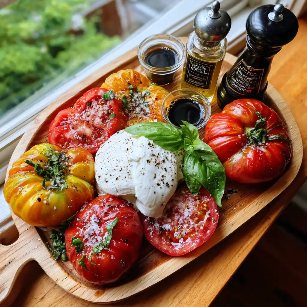 ingrédients pour salade de tomates anciennes et burrata, tomates colorées, burrata fraîche