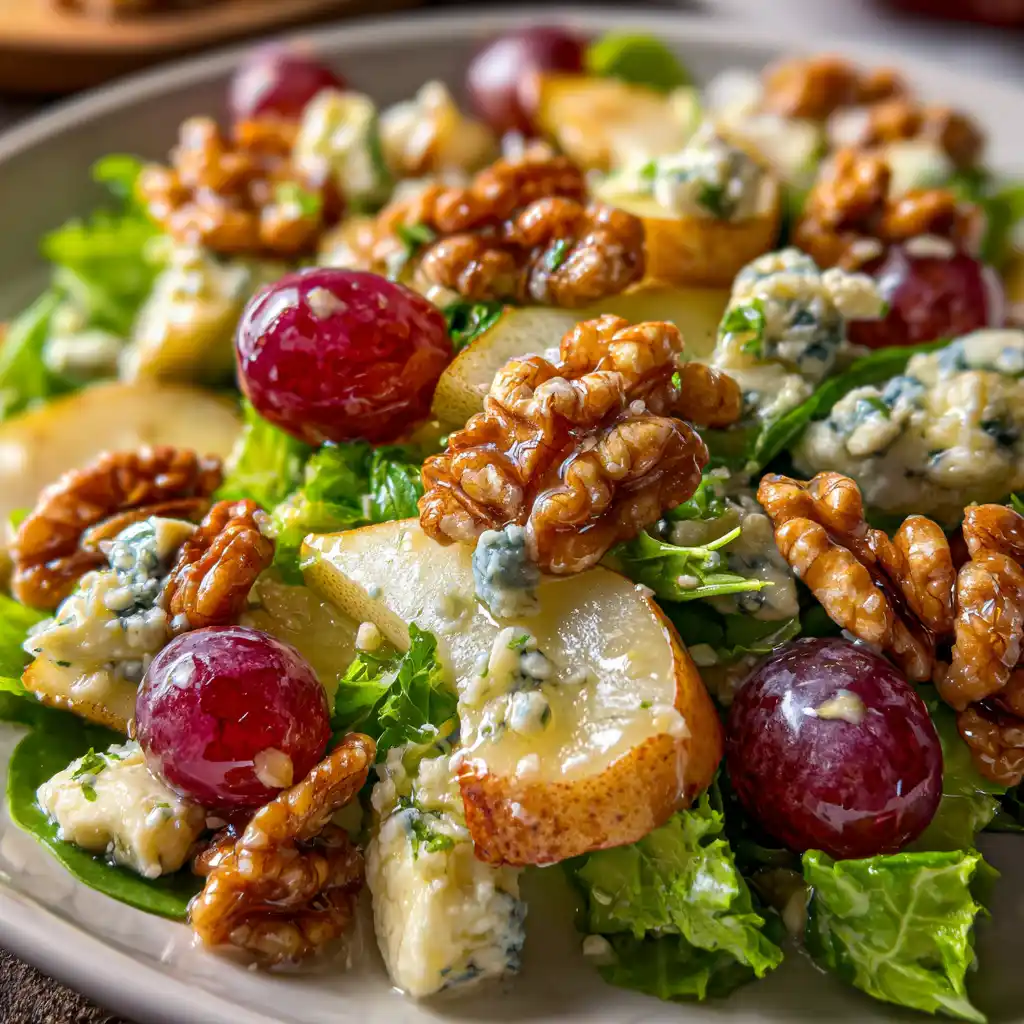Gros plan sur une salade de raisins, noix grillées et roquefort avec vinaigrette brillante au miel