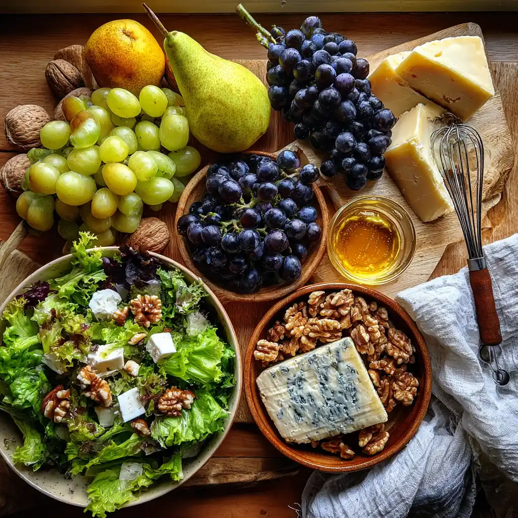 Raisins noirs et blancs, roquefort, noix, jeunes pousses et ingrédients de la vinaigrette