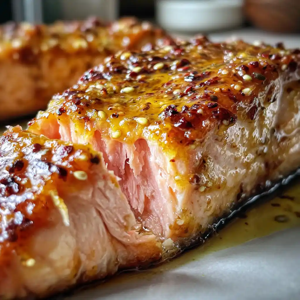 Gros plan sur un pavé de saumon Air Fryer miel moutarde à la chair tendre et à la surface caramélisée