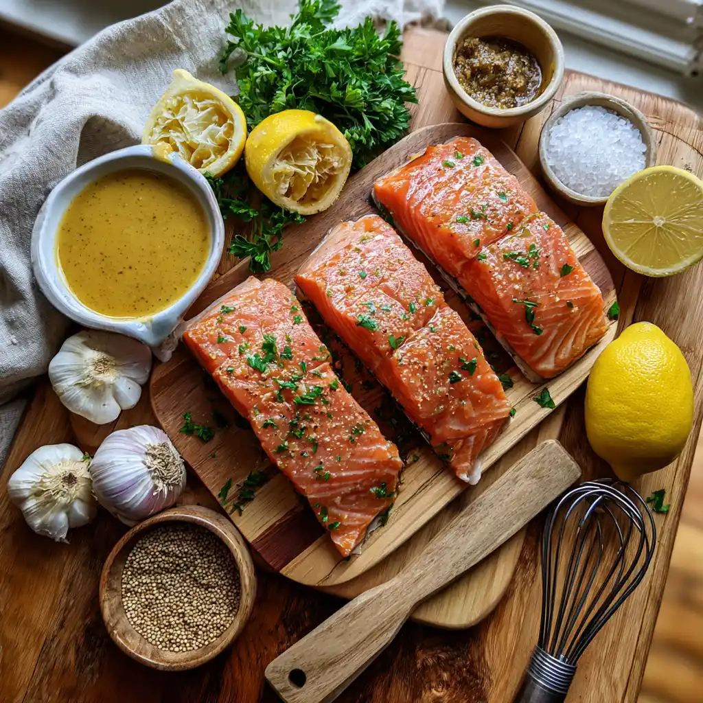Pavés de saumon, miel, moutarde, citron, ail et herbes pour préparer un saumon à l’Air Fryer