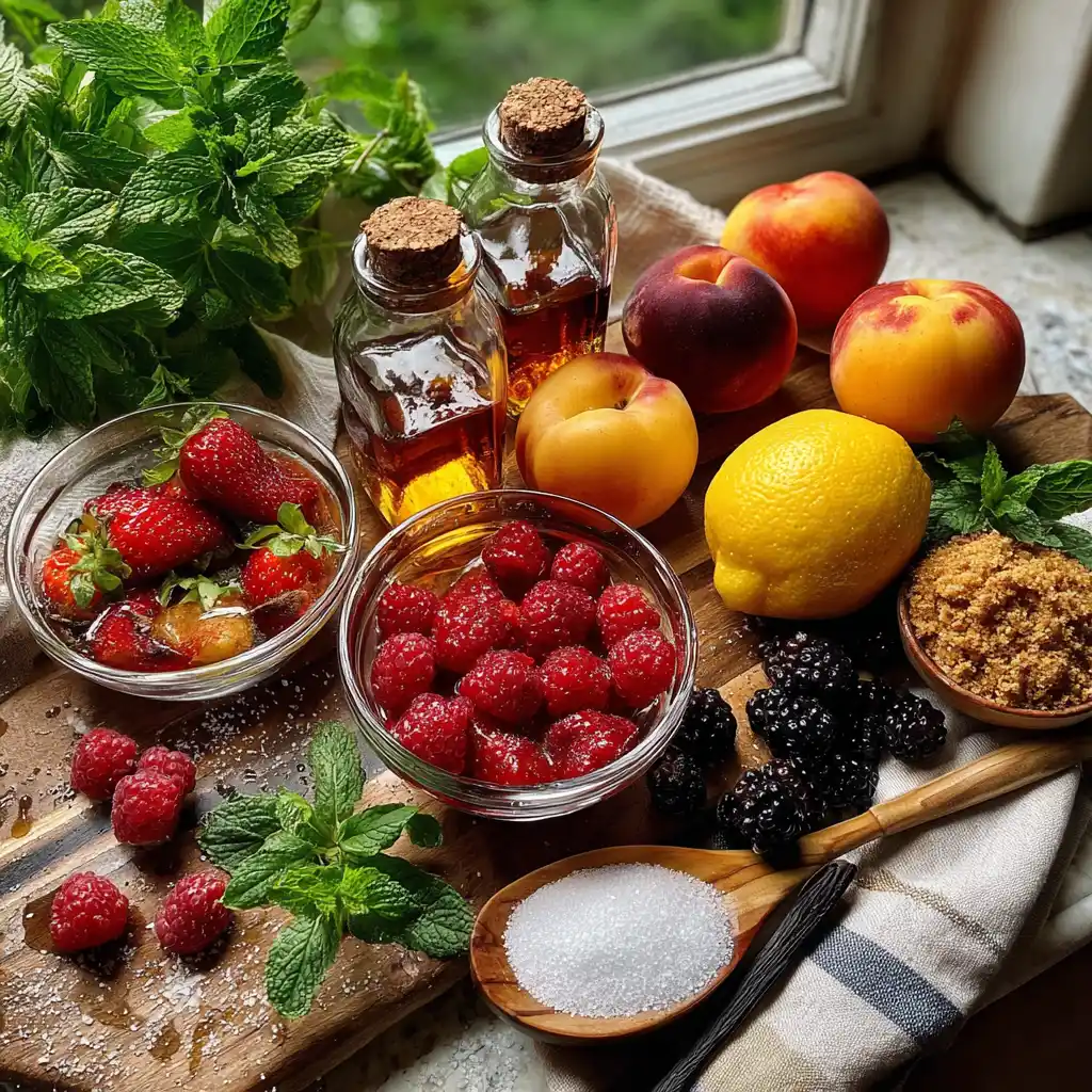 Assortiment de fruits frais utilisés pour préparer plusieurs sirops maison artisanaux