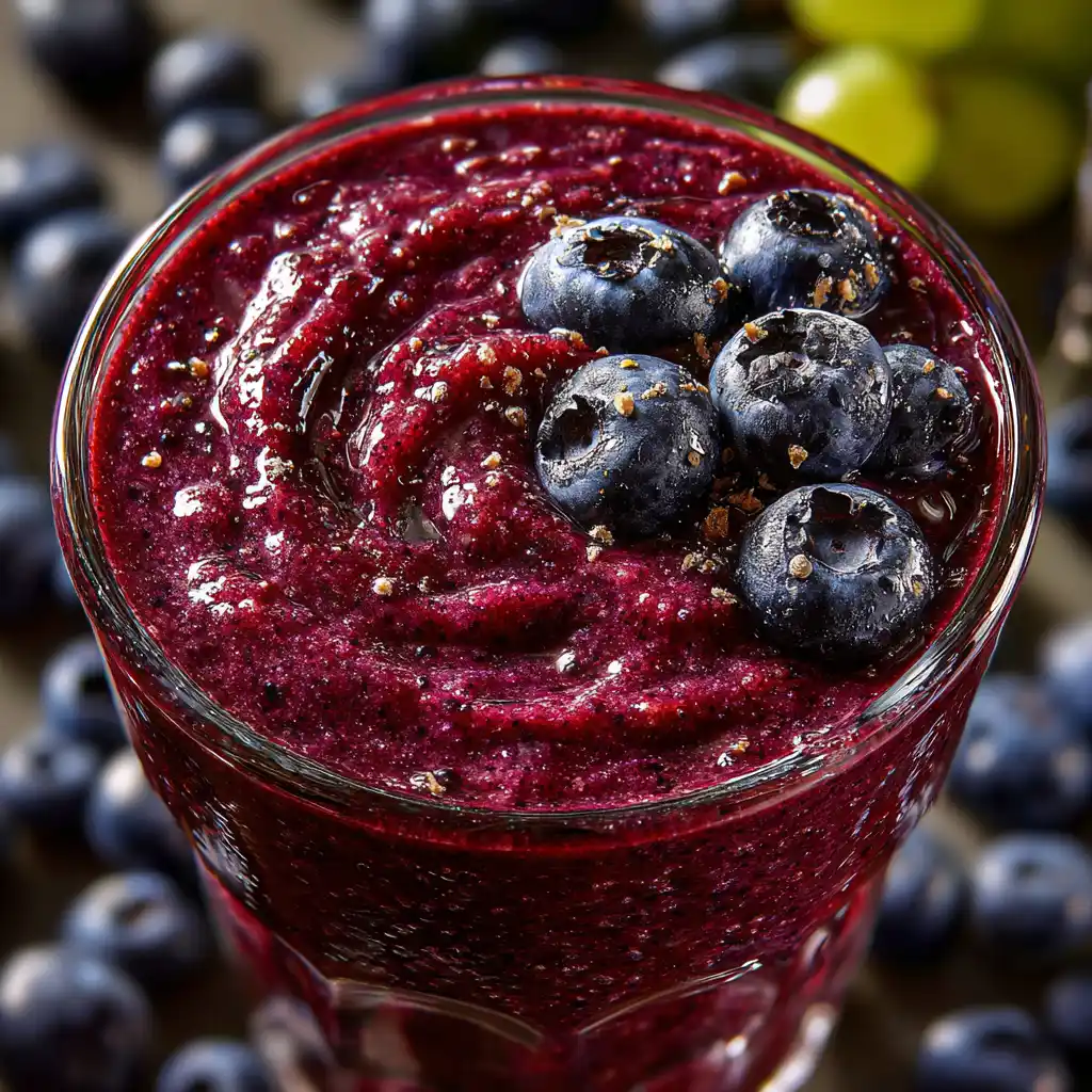 Smoothie raisin noir myrtilles gingembre violet et onctueux en gros plan