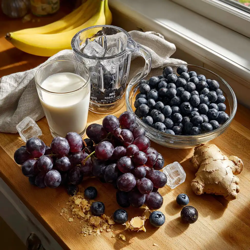 Ingrédients du smoothie raisin noir myrtilles gingembre avec banane citron et yaourt