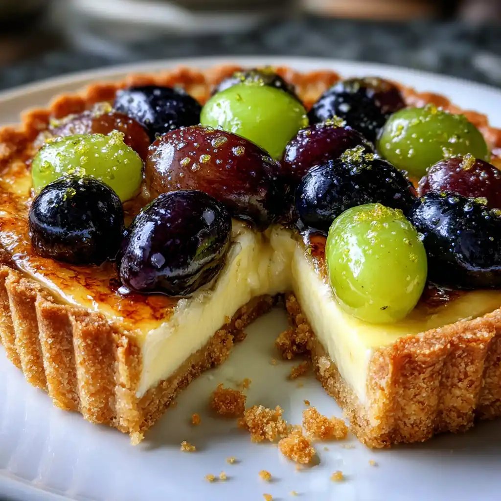 Gros plan sur une part de tarte au raisin et crème pâtissière avec pâte sablée croustillante et crème vanillée