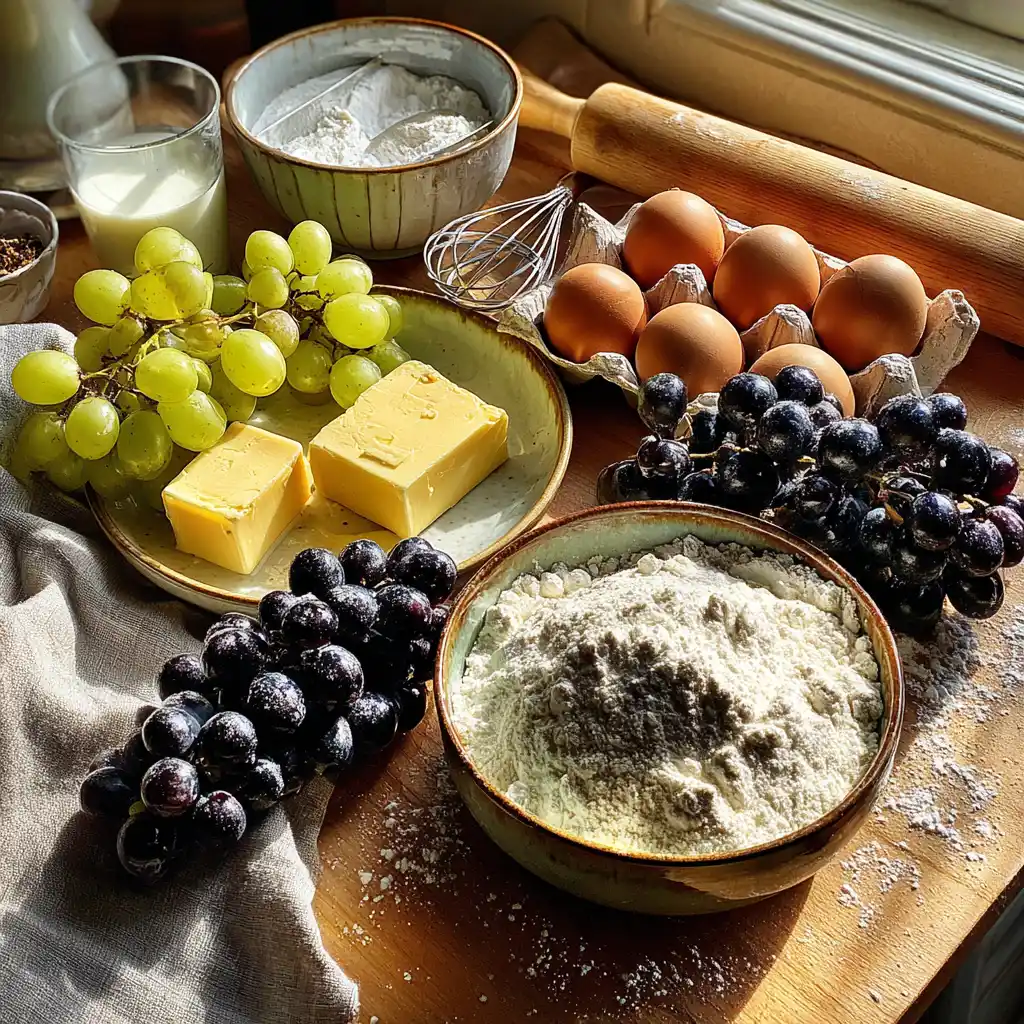 Farine, beurre, œufs, lait, vanille et raisins frais nécessaires pour préparer une tarte au raisin et crème pâtissière