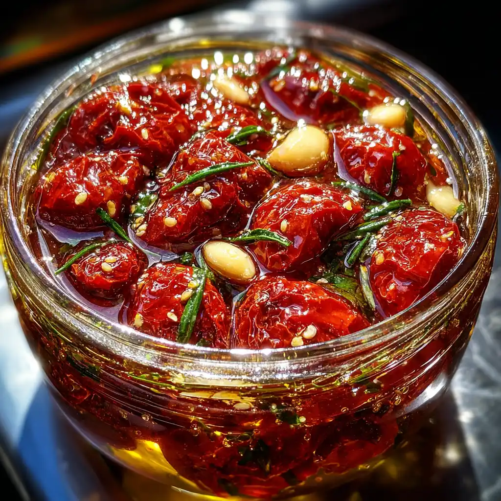 Gros plan sur des tomates séchées maison fondantes conservées dans l'huile d'olive et parfumées aux herbes méditerranéennes