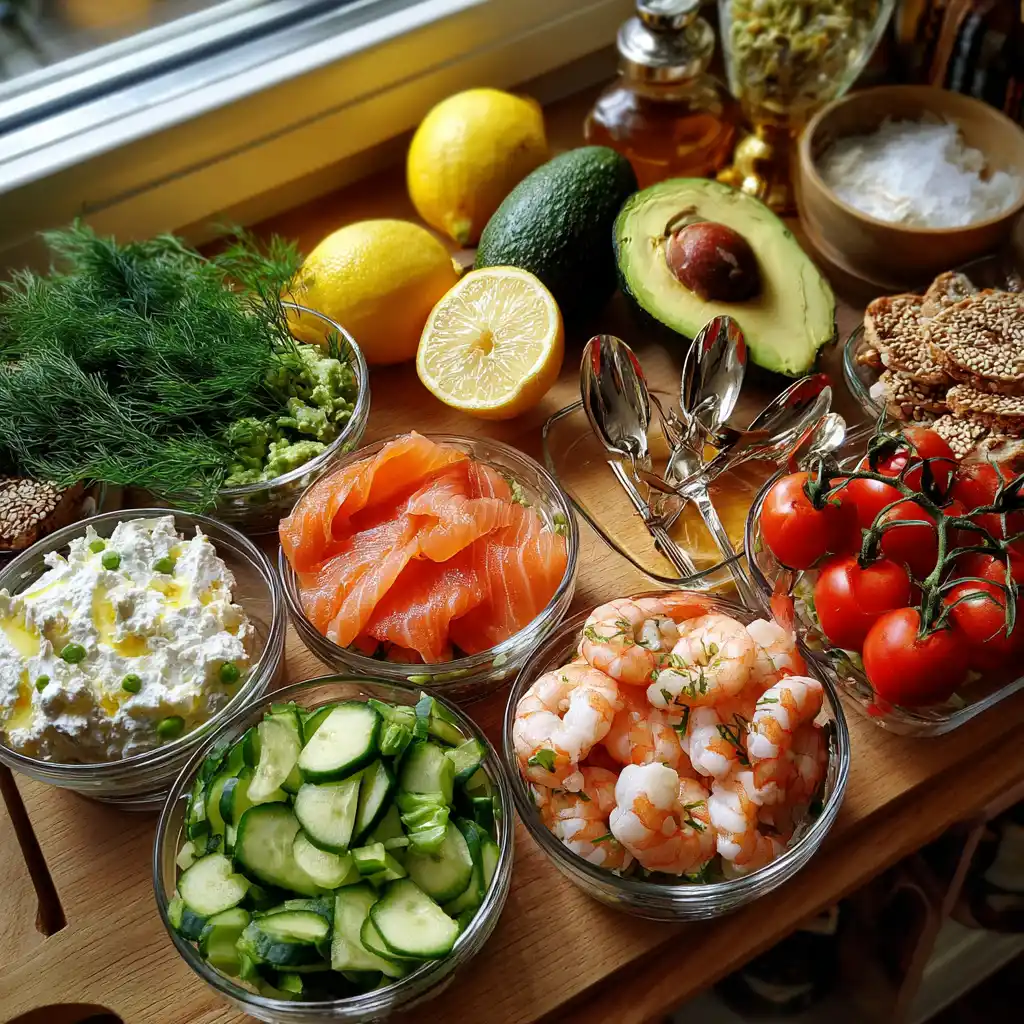 ingrédients pour verrines apéro fraîcheur, concombre, avocat, saumon fumé, tomates
