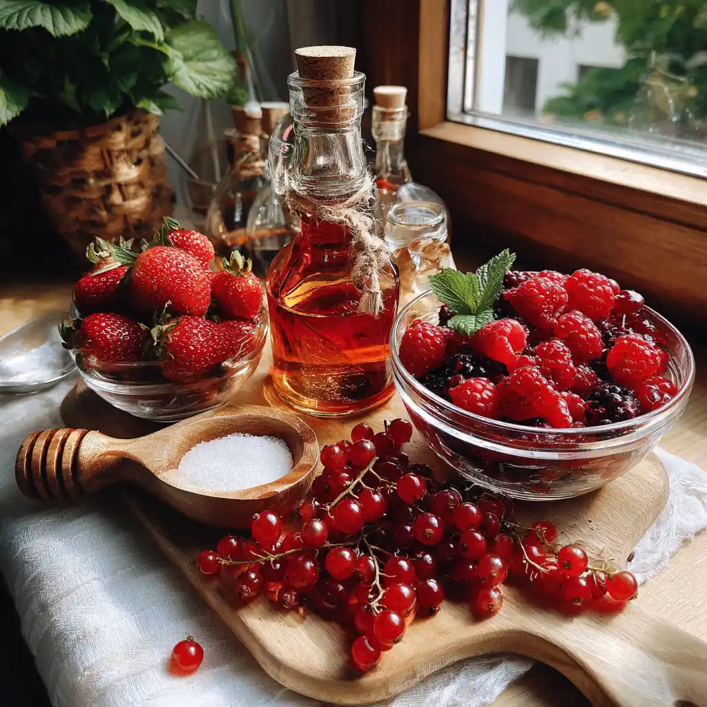 Fruits rouges frais et ingrédients nécessaires pour préparer un vinaigre maison délicatement parfumé